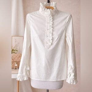 Tory Burch White Ruffle Blouse | Romantic Victorian Button Front Top Sz 2